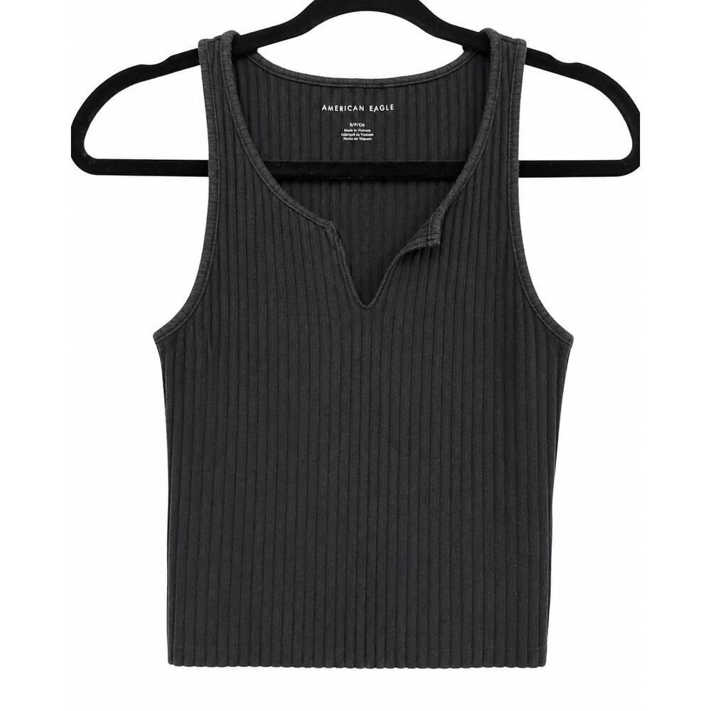 American Eagle Black Ribbed Notch Neck Tank Top Small Crop Y2K Clean Girl 90s